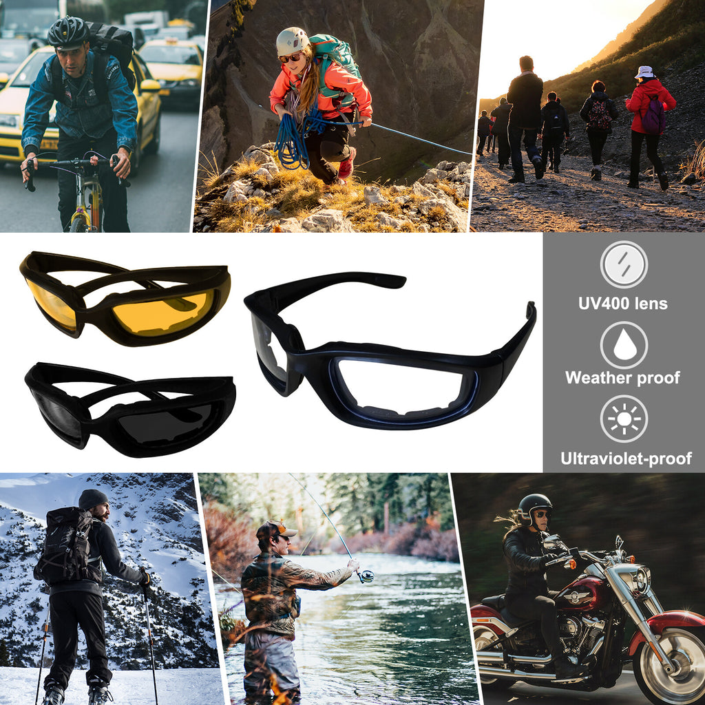 3 Pack Sports Riding Glasses, Windproof Dustproof Cycling Sunglasses, Gray/Clear/Yellow Lenses Unisex Motorcycle Bicycle Outdoor Protective Eyewear