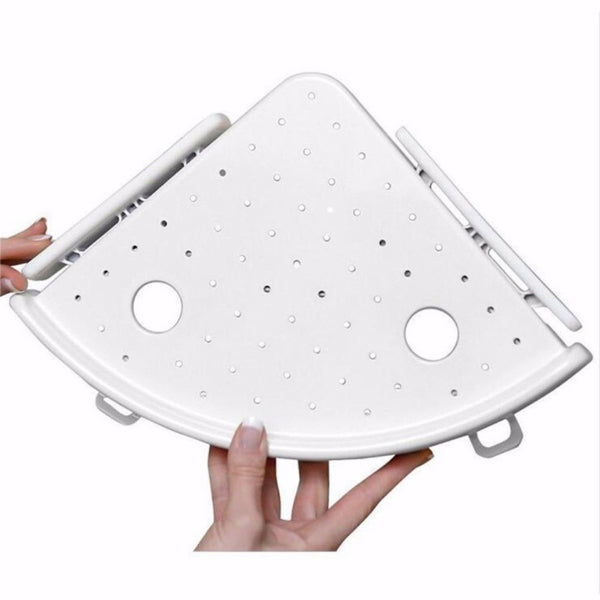 No Drill Bathroom Corner Shelf, White Fan Shaped Adhesive Corner Holder with Drain Holes and Hooks, Wall Mount Organizer for Shampoo Toiletries