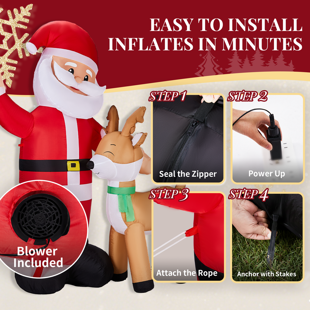 AEELLEEA-Christmas Inflatable Santa & Reindeer Decoration with Built-in LED Lights, Large 74.8 FT Tall