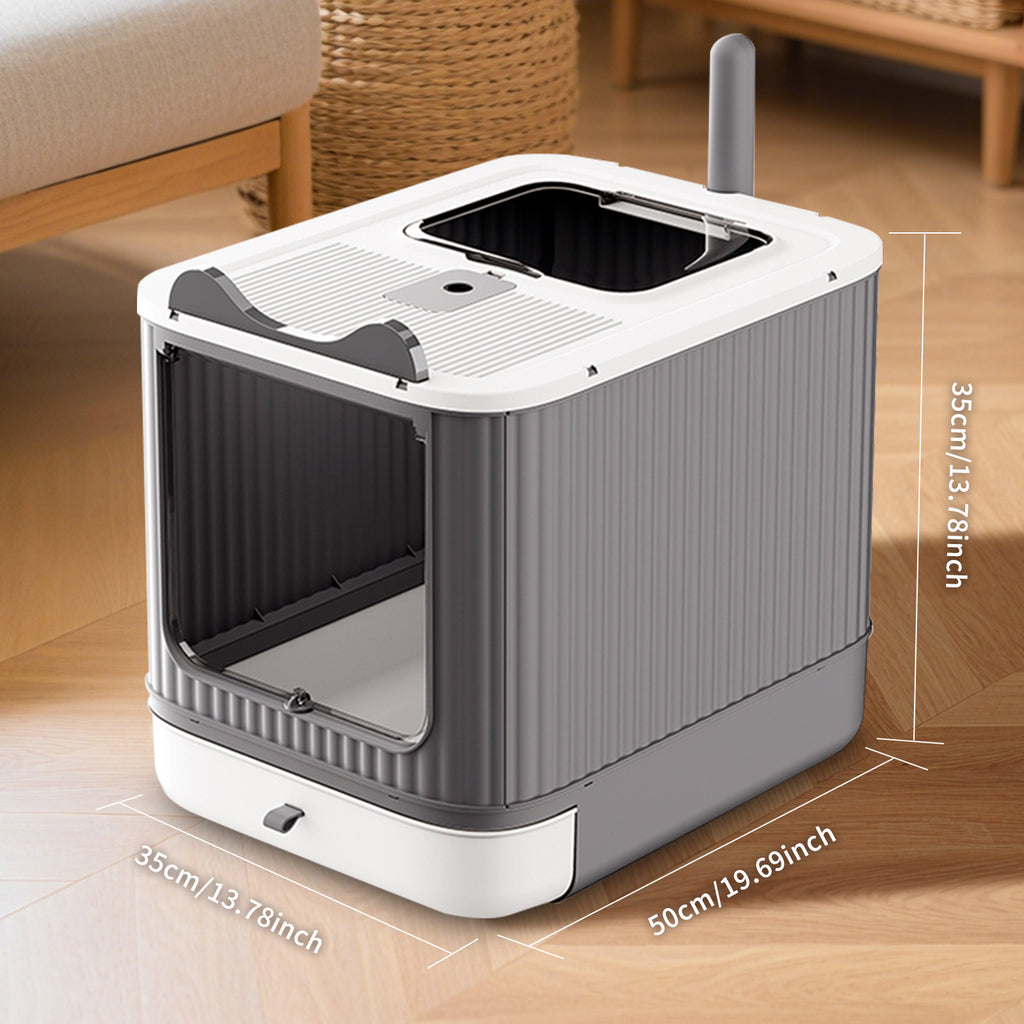 Foldable Enclosed Cat Litter Box with Drawer Tray, Top Exit & Front Entry, Litter Scoop, Gray and white, 19.69" x 13.78" x 13.78"
