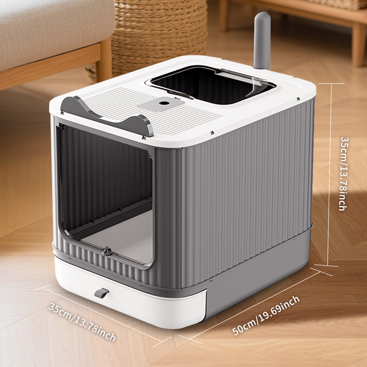 Foldable Enclosed Cat Litter Box with Drawer Tray, Top Exit & Front Entry, Litter Scoop, Gray and white, 19.69" x 13.78" x 13.78"