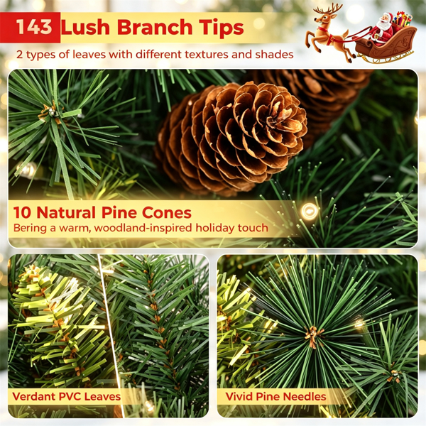 AEELLEEA 24" Pre-Lit Christmas Wreath with 50 Warm White LED Lights, Pine Cones, Timer, Indoor Outdoor Holiday Decor