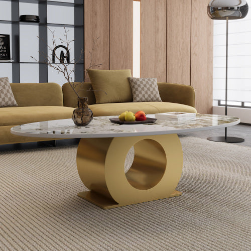 Coffee Table 49.2 Inch, Oval Sintered Stone Table with Gold Metal Base, Modern Luxury Living Room Center Table