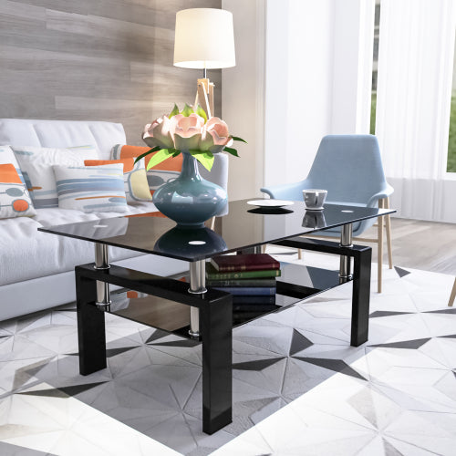 AEELLEEA Black Tempered Glass Coffee Table, 7mm Glass Top, Lower Storage Shelf, Modern Rectangular Living Room Table