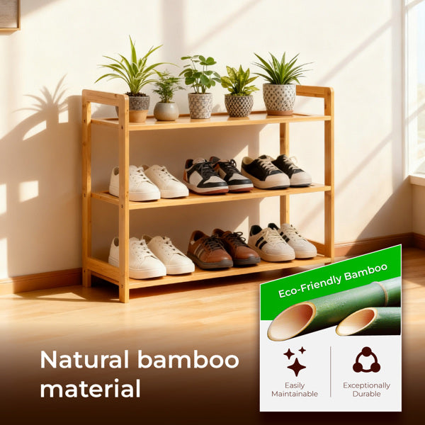 Bamboo Shoe Rack 3 Tier, Natural Bamboo Shoe Shelf for Entryway, Eco Friendly Sturdy Storage Rack for Shoes and Plants