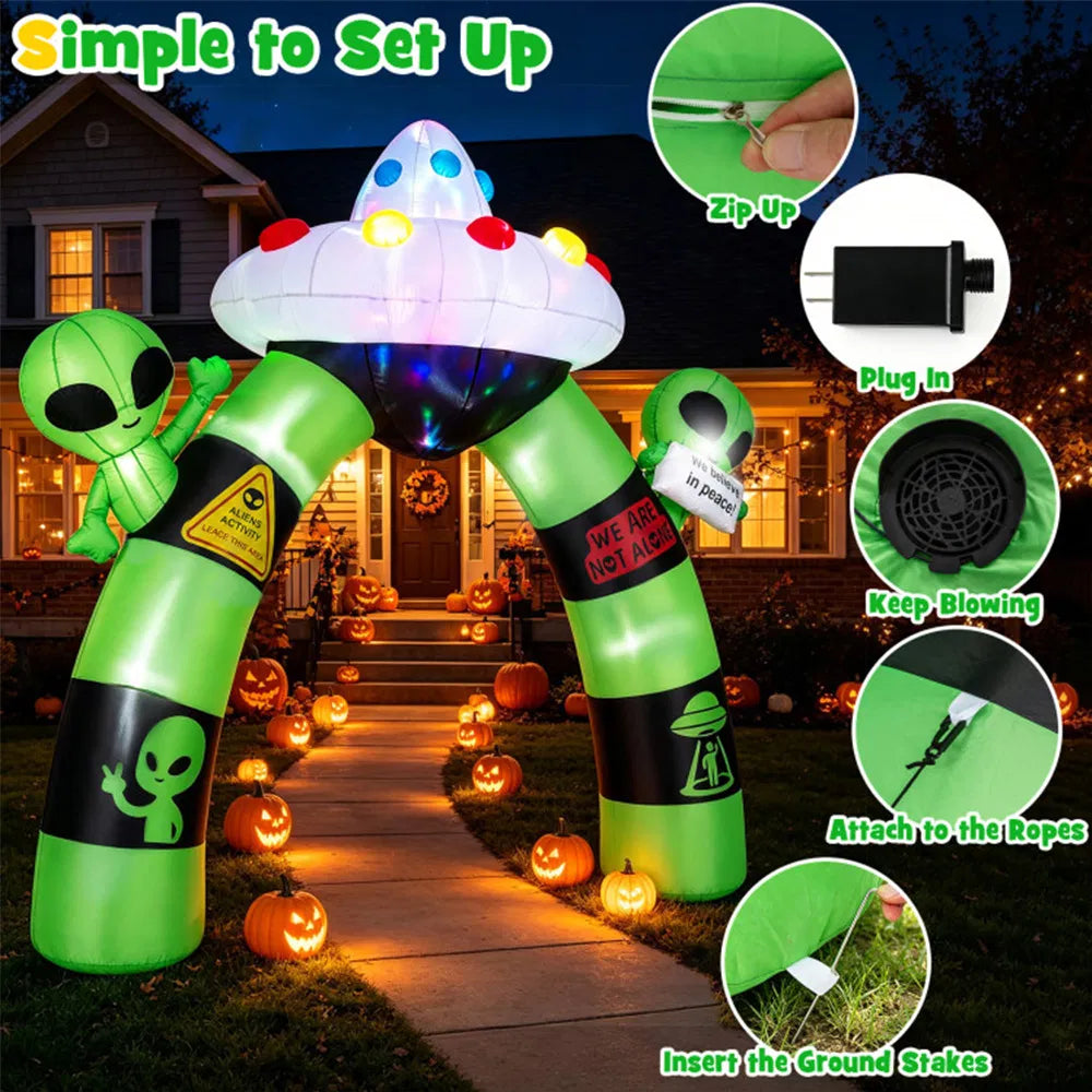 9.8 ft Halloween Inflatable Alien Archway with LED Lights, Lighted Blow Up Arch Outdoor Yard Decoration for Halloween Party, Lawn, Garden