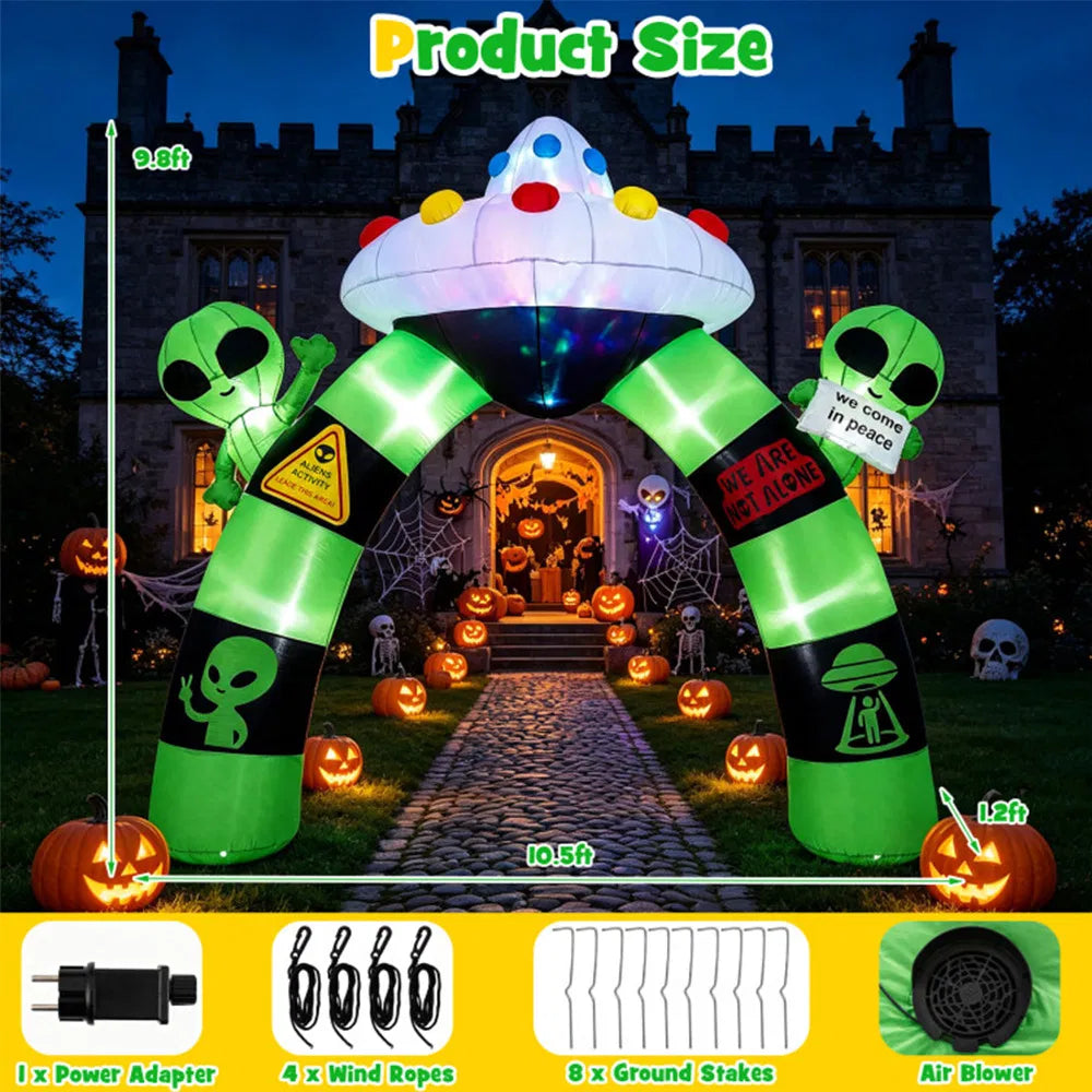 9.8 ft Halloween Inflatable Alien Archway with LED Lights, Lighted Blow Up Arch Outdoor Yard Decoration for Halloween Party, Lawn, Garden