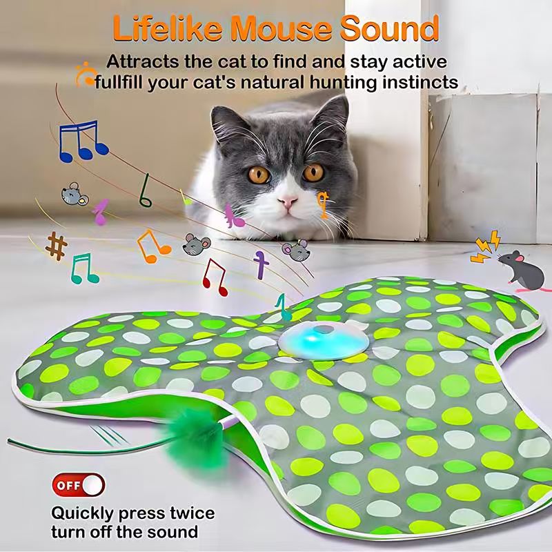 AEELLEEA Universal Size Touch-Activated Cat Toy - Moving Concealed Feathers, Real Mouse Squeak, Indoor Exercise Toy, Green