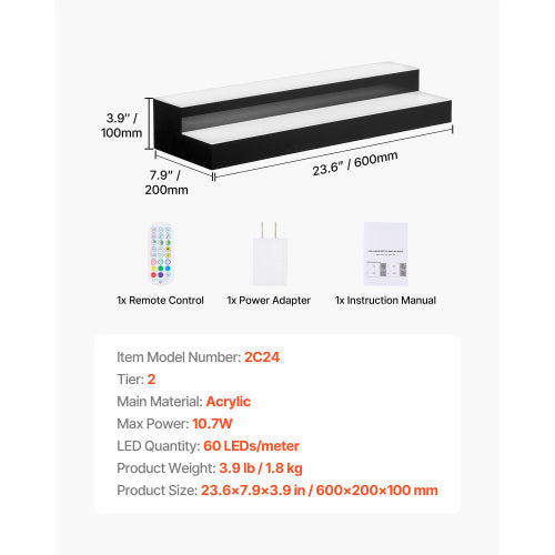 2 Tier 24 Inch LED Liquor Bottle Display, Lighted Acrylic Bar Shelf with RF Remote and APP Control, 9 Colors