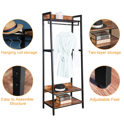 AEELLEEA Industrial Clothing Rack with 2 Storage Shelves, Hanging Rod, Adjustable Feet, Rustic Brown and Black, 66.5 in