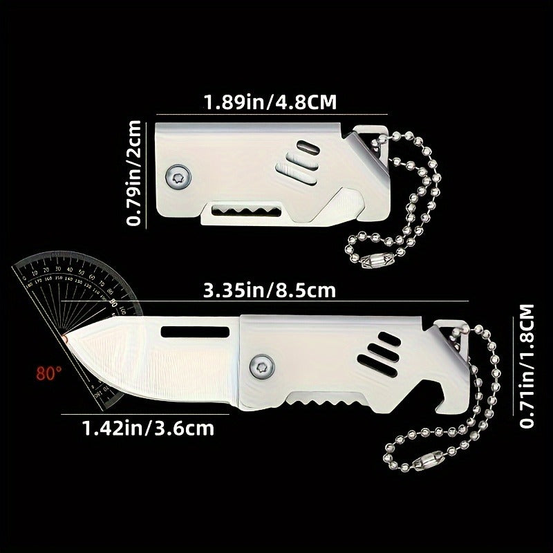 Multifunctional Stainless Steel Keychain Folding Utility Knife, Mini EDC Pocket Cutter with Bottle Opener, Portable Box & Rope Cutting Tool