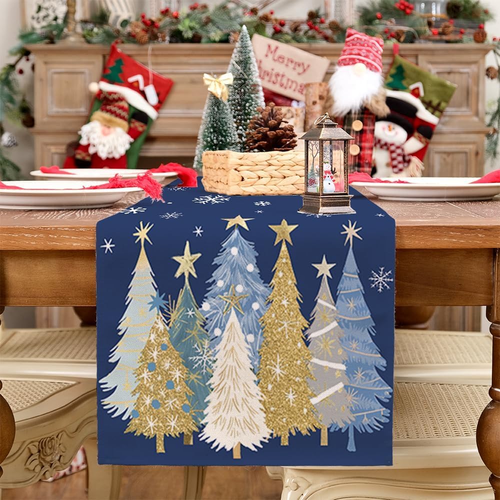 AEELLEEA Christmas Table Runner, Navy Blue Xmas Tree Snowflake Print 13x72 Inch Faux Linen Polyester Table Runner for Holiday Dining Table Home Christmas Decor