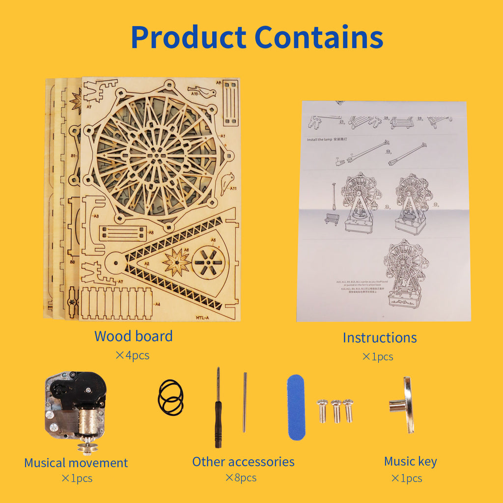 Wooden Ferris Wheel 3D Puzzle Music Box, No Glue Assembly DIY Wood Model Kit, Decorative Musical Ornament Gift for Adults Teens