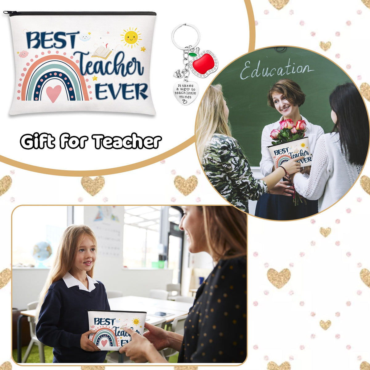 Teacher Ever Cosmetic Bag & Apple Keychain Set, Waterproof PU Zipper Pouch, Teacher Appreciation Gift