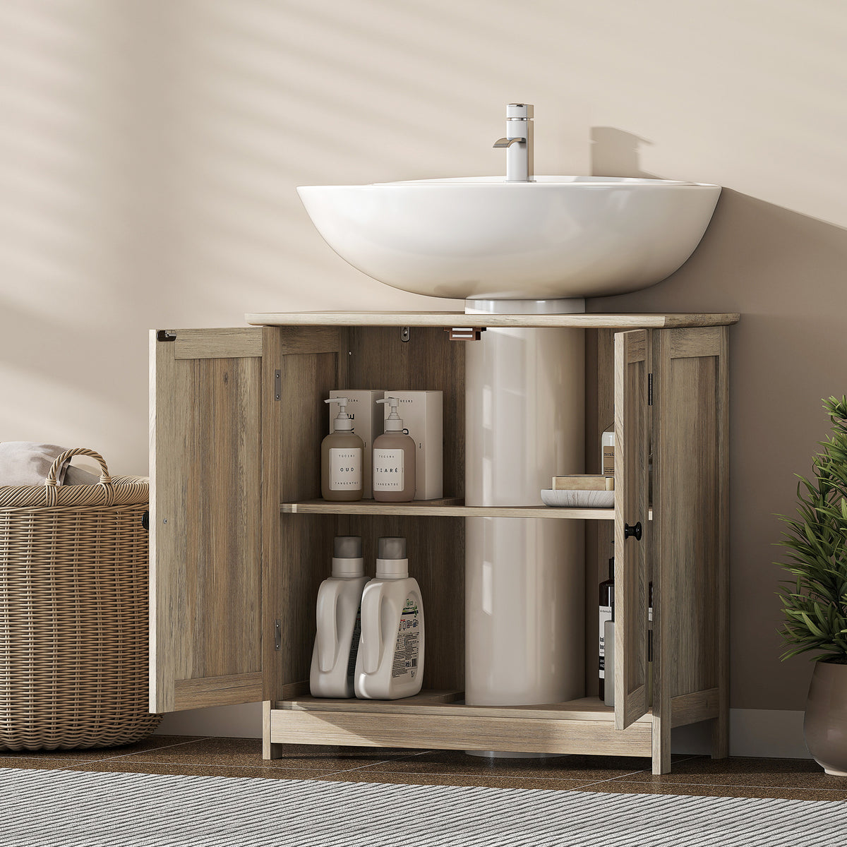 AEELLEEA Weathered Gray Oak Under Sink Bathroom Cabinet, MDF Pedestal Storage Cabinet with Adjustable Shelf & Double Doors