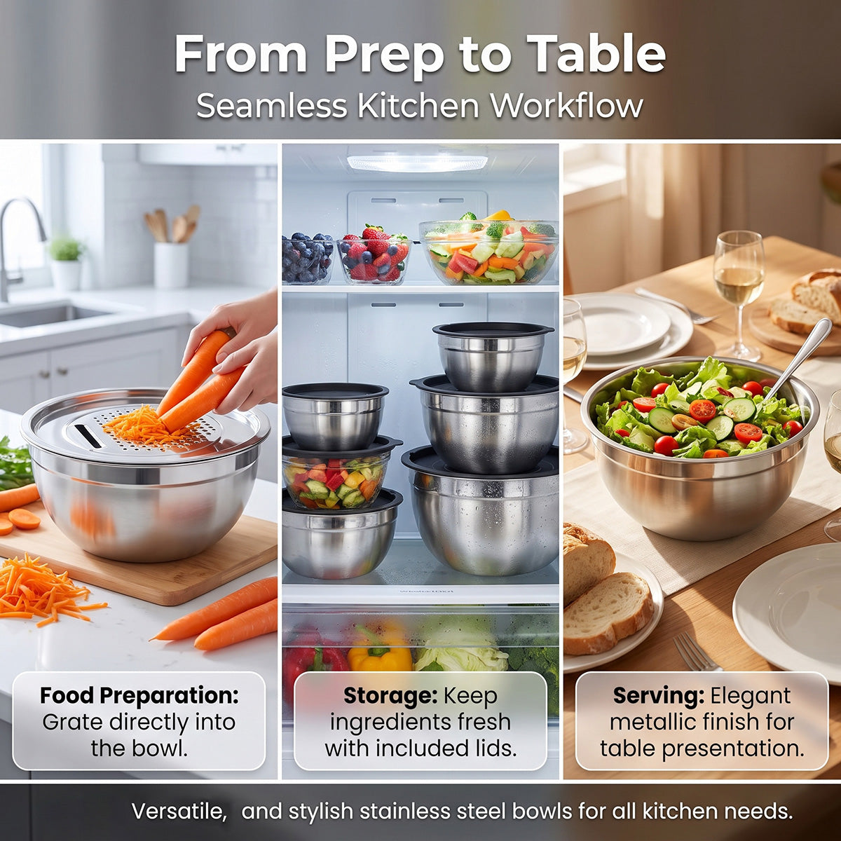 5-Piece Stainless Steel Mixing Bowls with Lids, Nesting Salad and Food Prep Bowls for Kitchen, Cooking, Baking and Food Storage