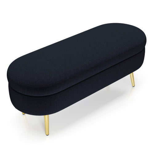 AEELLEEA 43 Inch Oval Storage Ottoman Bench, Black Textured Fabric Bench with Gold Metal Legs for Bedroom Entryway