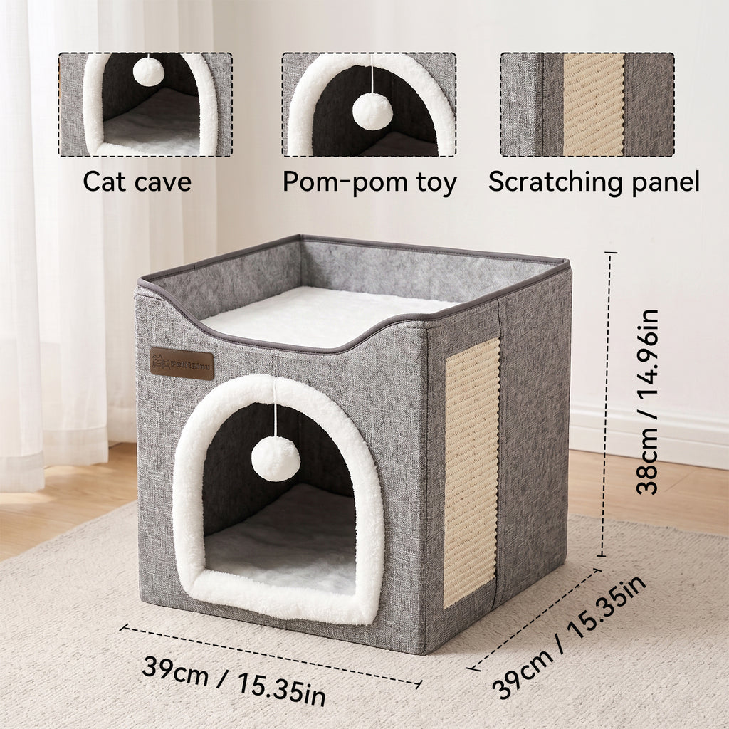 3-in-1 Foldable Cat House, Enclosed Cat Cave Bed with Scratching Pad & Hanging Pom-Pom Toy, Multi-Functional Cat Hideaway for Indoor Cats