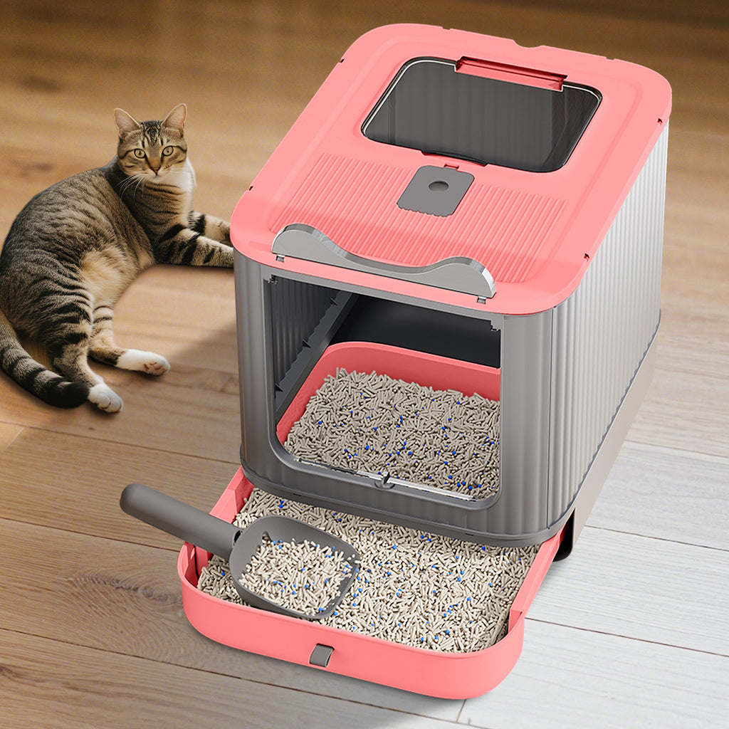 Foldable Enclosed Cat Litter Box with Drawer Tray, Top Exit & Front Entry, Litter Scoop, Gray and Pink, 19.69" x 13.78" x 13.78"