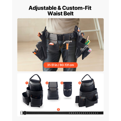 Tool Belt with 18 Pockets, Heavy Duty Adjustable Work Belt for Men, Detachable Tool Pouch for Electrician Carpenter Construction