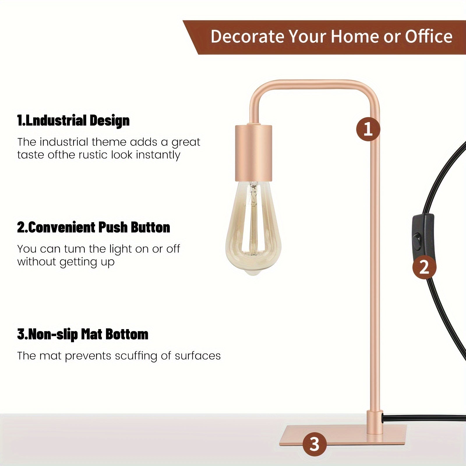 Rose Gold Desk Lamp - Edison Desk Lamp - Industrial Bedside Lamp For Bedroom, Living Room, Dormitory - Small Metal Lamp For Reading, Nightstand, Dressing Table