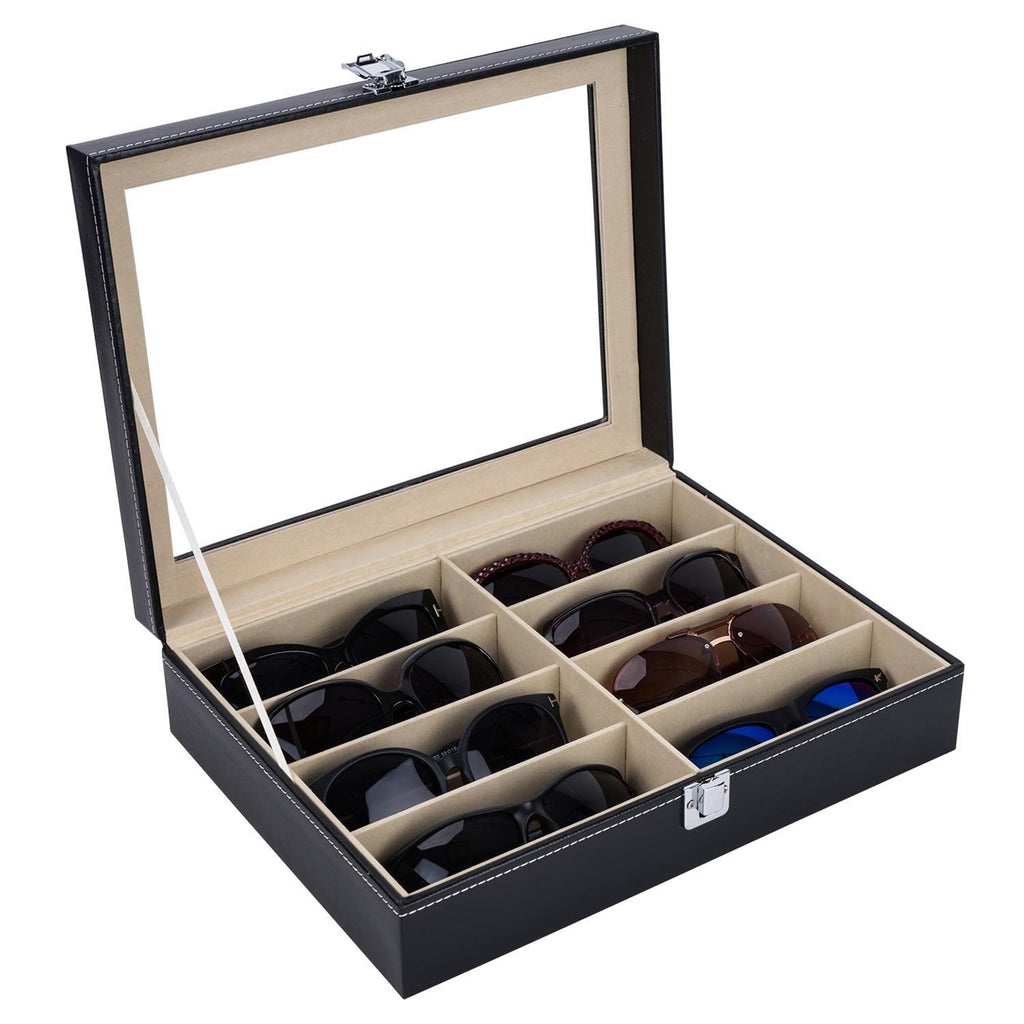 AEELLEEA-Leather Multi Sunglasses Organizer for Women & Men, Eyeglass Display Storage Box with 8 Slots, Black Eyewear Holder for Sunglasses Collection
