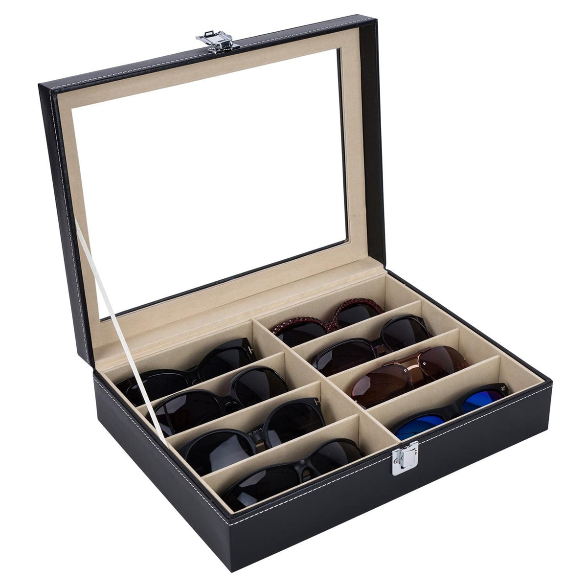 AEELLEEA-Leather Multi Sunglasses Organizer for Women & Men, Eyeglass Display Storage Box with 8 Slots, Black Eyewear Holder for Sunglasses Collection