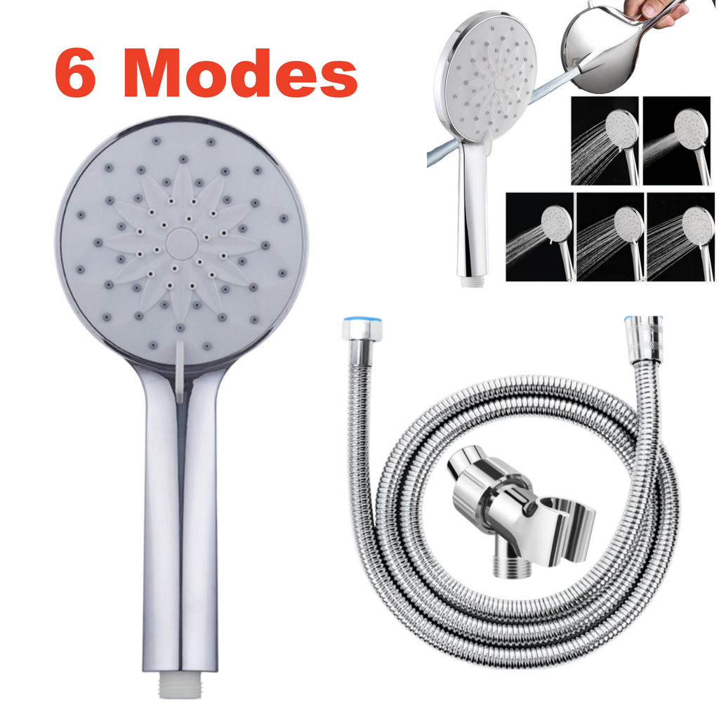 Handheld Shower Head Set with 6 Spray Modes, Chrome Finish Shower Head, Flexible Stainless Steel Hose & Adjustable Shower Holder for Bathroom