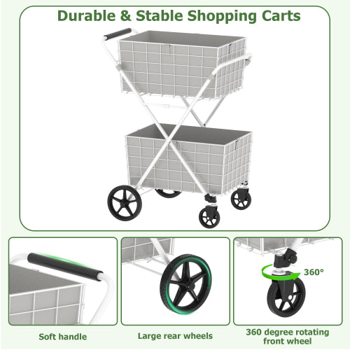 AEELLEEA 2-Tier Folding Shopping Cart with Waterproof Liners, 120L Capacity, 220 lb Load Capacity, White