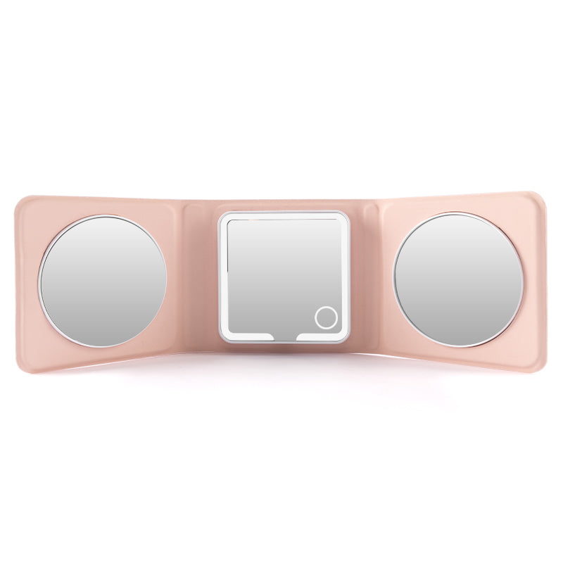 Small Tri-Fold Makeup Mirror with Lights, 10X/5X Magnifying Mirror, Rechargeable Compact Travel Mirror, Dimmable Handheld Vanity Mirror for Purse and Pocket