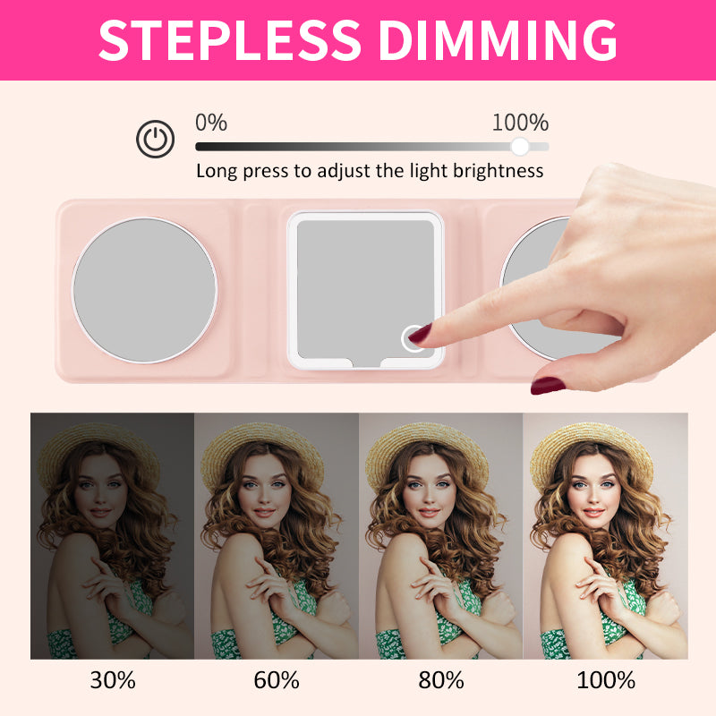 Small Tri-Fold Makeup Mirror with Lights, 10X/5X Magnifying Mirror, Rechargeable Compact Travel Mirror, Dimmable Handheld Vanity Mirror for Purse and Pocket