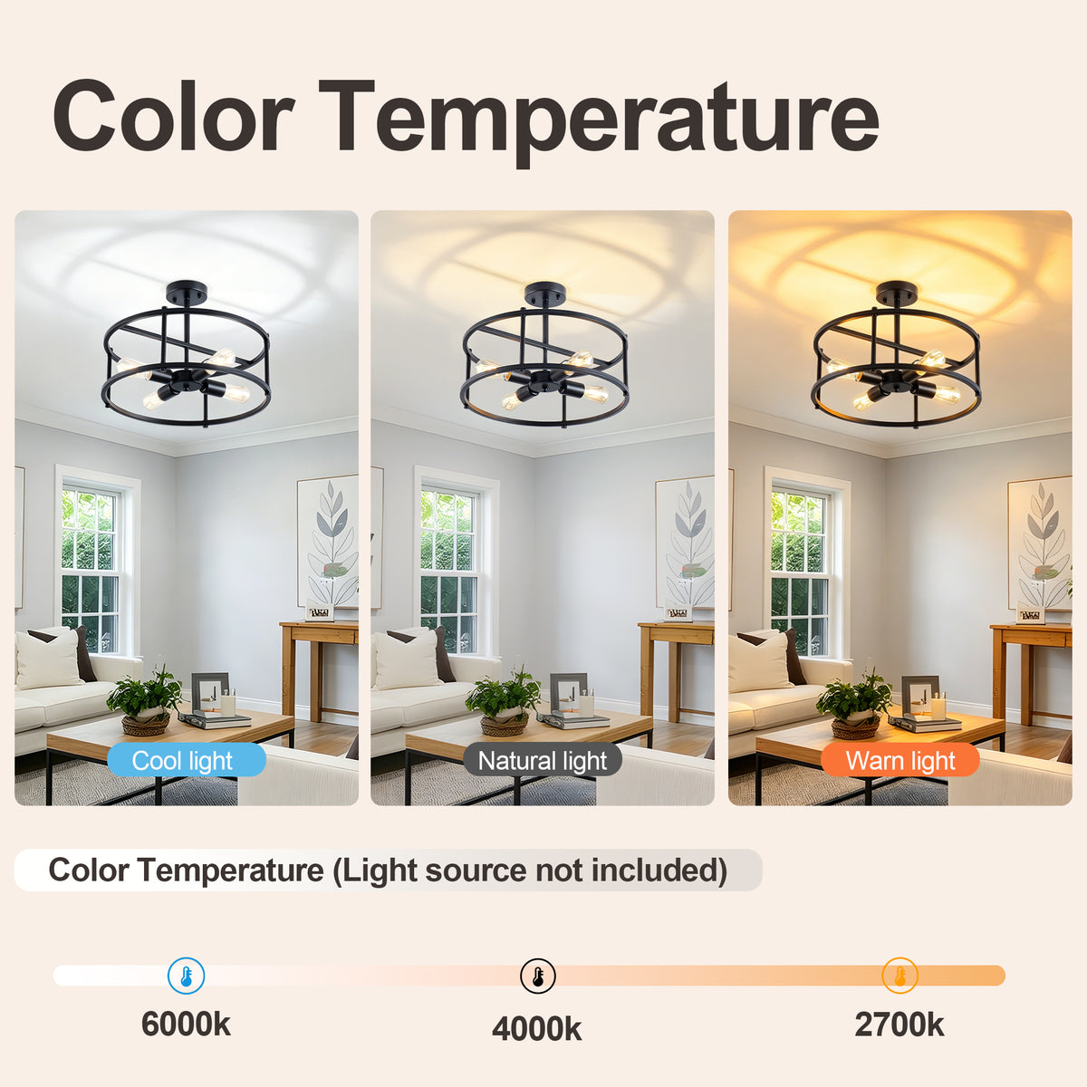 4-Light Semi Flush Mount Ceiling Light, Industrial Black Metal Circular Frame Cage Chandelier, Farmhouse Ceiling Lamp for Bedroom Living Room Hallway Entryway Home Decor