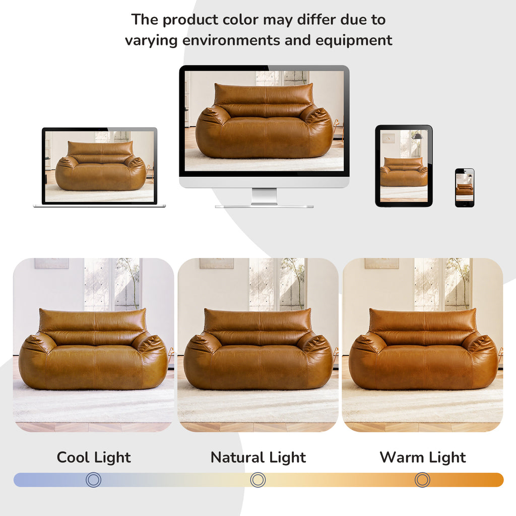 AEELLEEA 2-Seater Bean Bag Sofa, Faux Leather Loveseat with Foam Filling, Backrest and Armrests, Brown