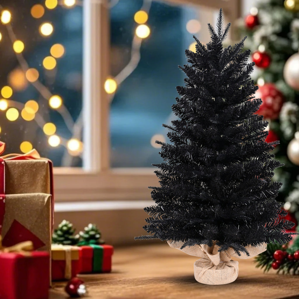2.5ft Black Artificial Mini Christmas Tree, Small Tabletop Christmas Tree with Burlap Base, Hinged Branches for Home Table Holiday Halloween Xmas Decor