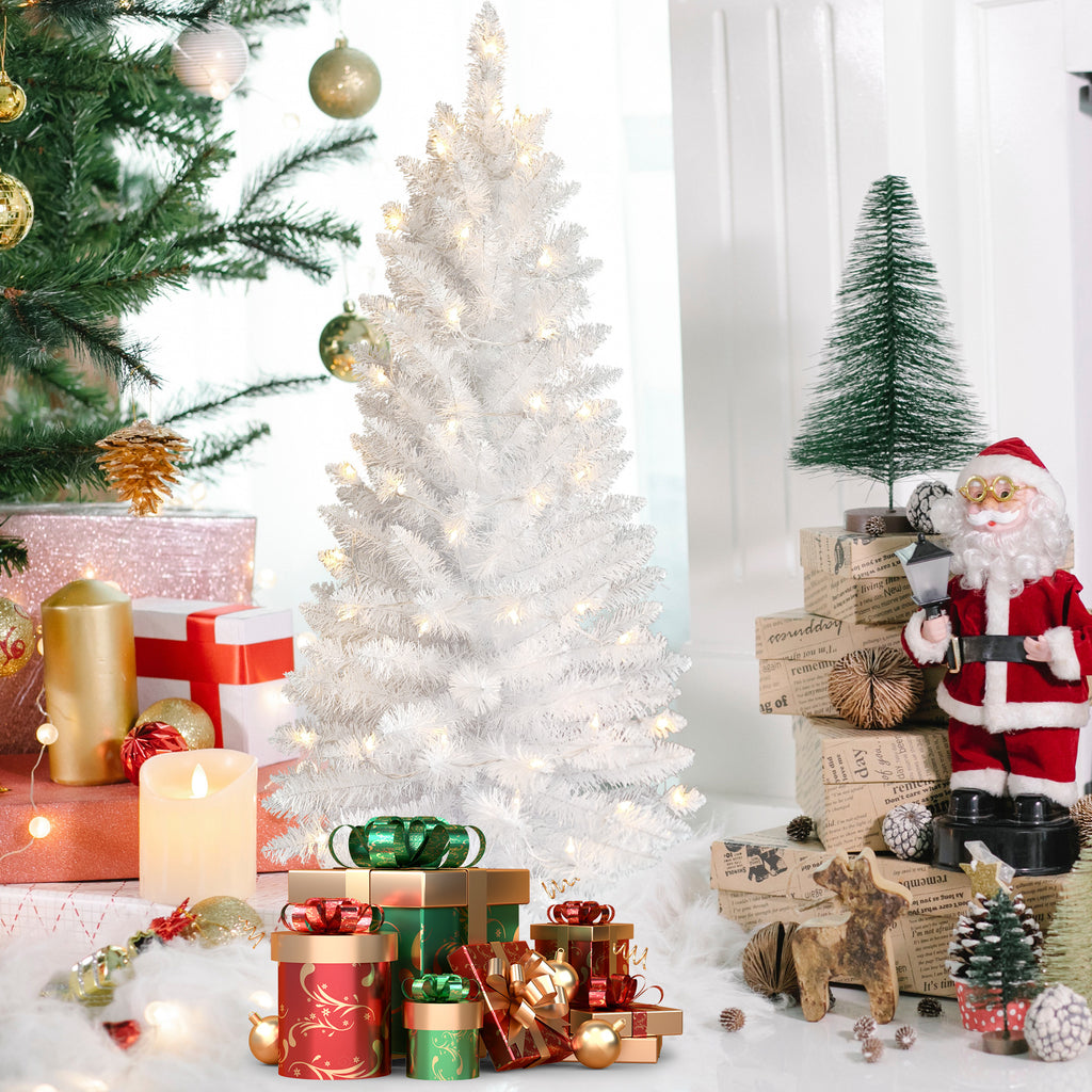 3 FT White Christmas Tree with 30 Pre-Strung UL Lights, 88 Tips Artificial Holiday Tree with Plastic Stand for Indoor Home Decor.