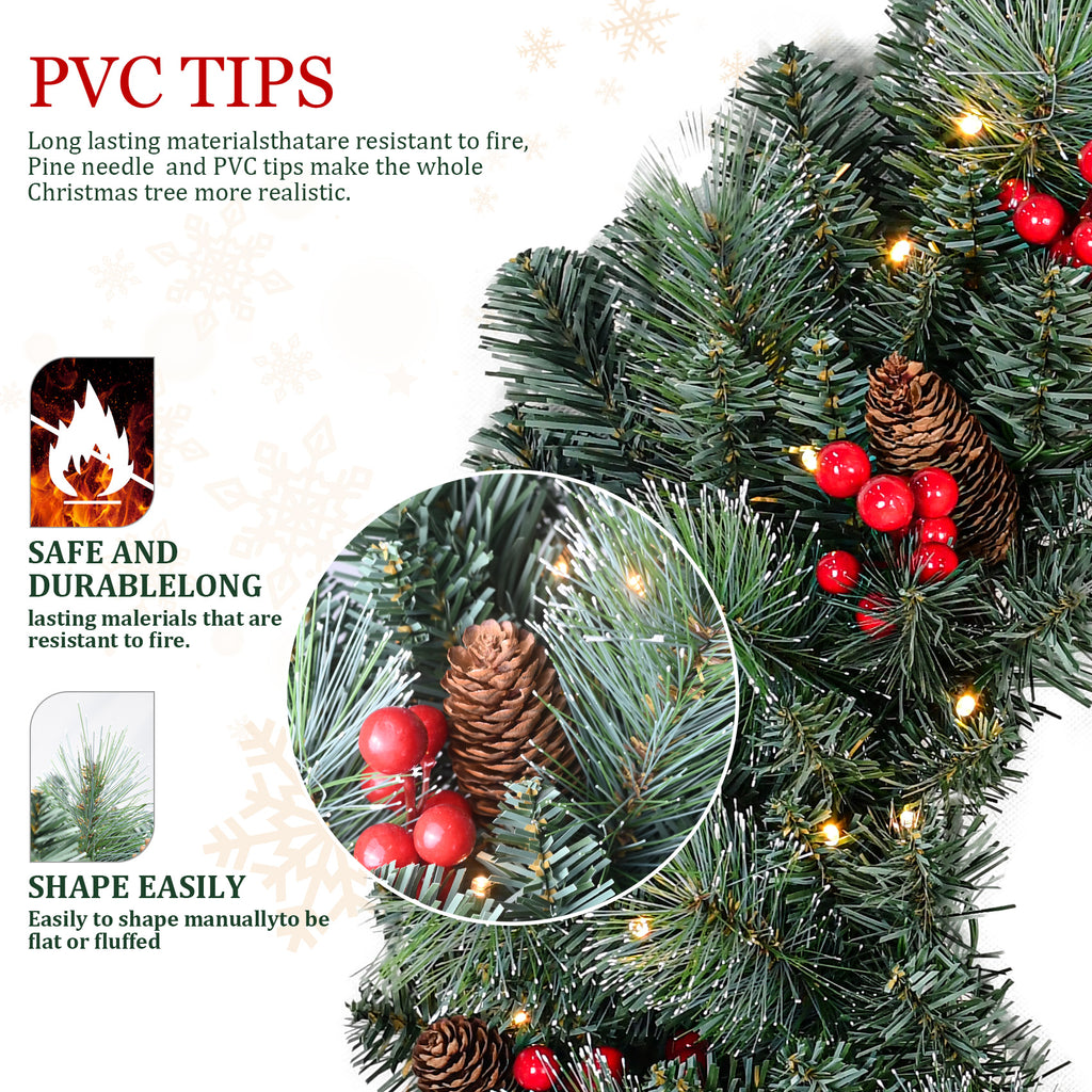 25" Pre-Lit Christmas Wreath with 70 Warm White LED Lights, Battery Operated Pine Needle Wreath with Berries & Pine Cones for Front Door.