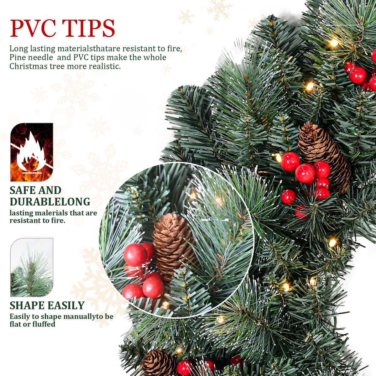 25" Pre-Lit Christmas Wreath with 70 Warm White LED Lights, Battery Operated Pine Needle Wreath with Berries & Pine Cones for Front Door.