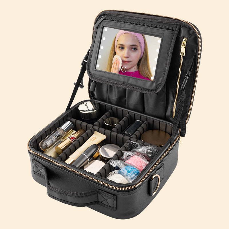 Large Capacity Makeup Organizer Travel Bag with Mirror, Shoulder Strap Cosmetic Storage Case for Makeup, Toiletries & Beauty Essentials