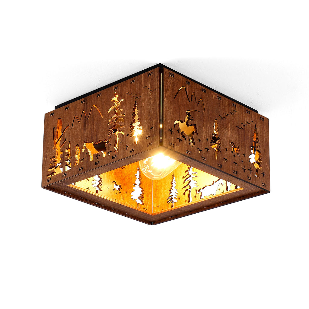 Square Walnut Flush Mount Ceiling Light, Tropical Palm Tree Cutout Wood Iron Ceiling Lamp with E26 Socket, Vintage Rustic Ceiling Light for Bedroom Hallway