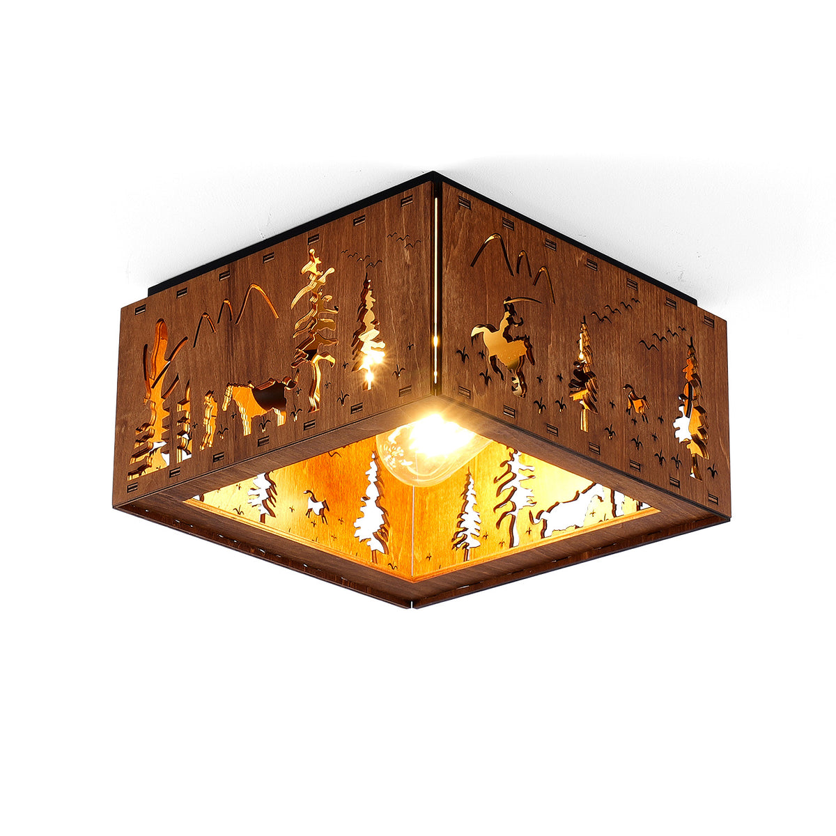 Square Walnut Flush Mount Ceiling Light, Tropical Palm Tree Cutout Wood Iron Ceiling Lamp with E26 Socket, Vintage Rustic Ceiling Light for Bedroom Hallway