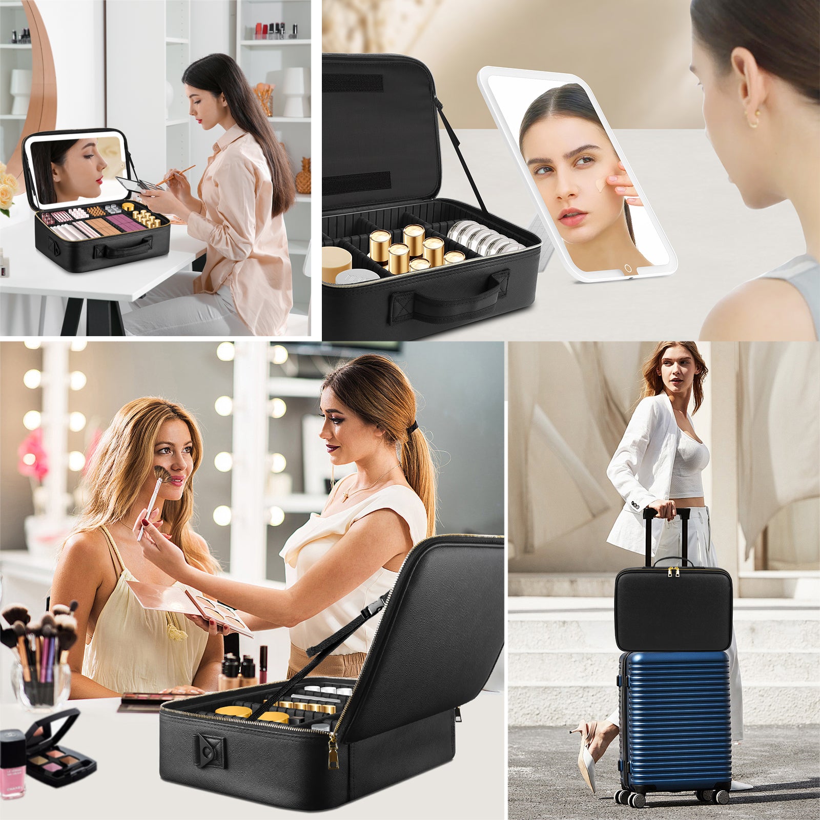 15" Lighted Makeup Organizer 3Color Mirror Adjustable Dividers Travel Ready