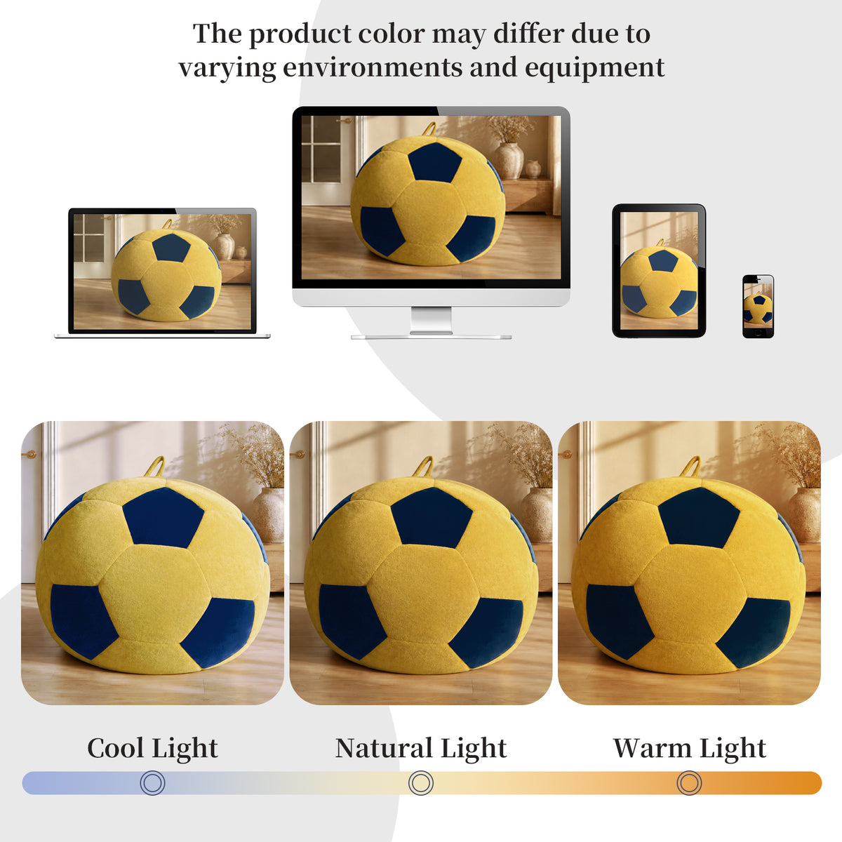 AEELLEEA Soccer Ball Bean Bag Chair for Adults, Oversized Foam Lounge Chair with Soft Flannel Fabric and Carry Handle, Yellow and Blue