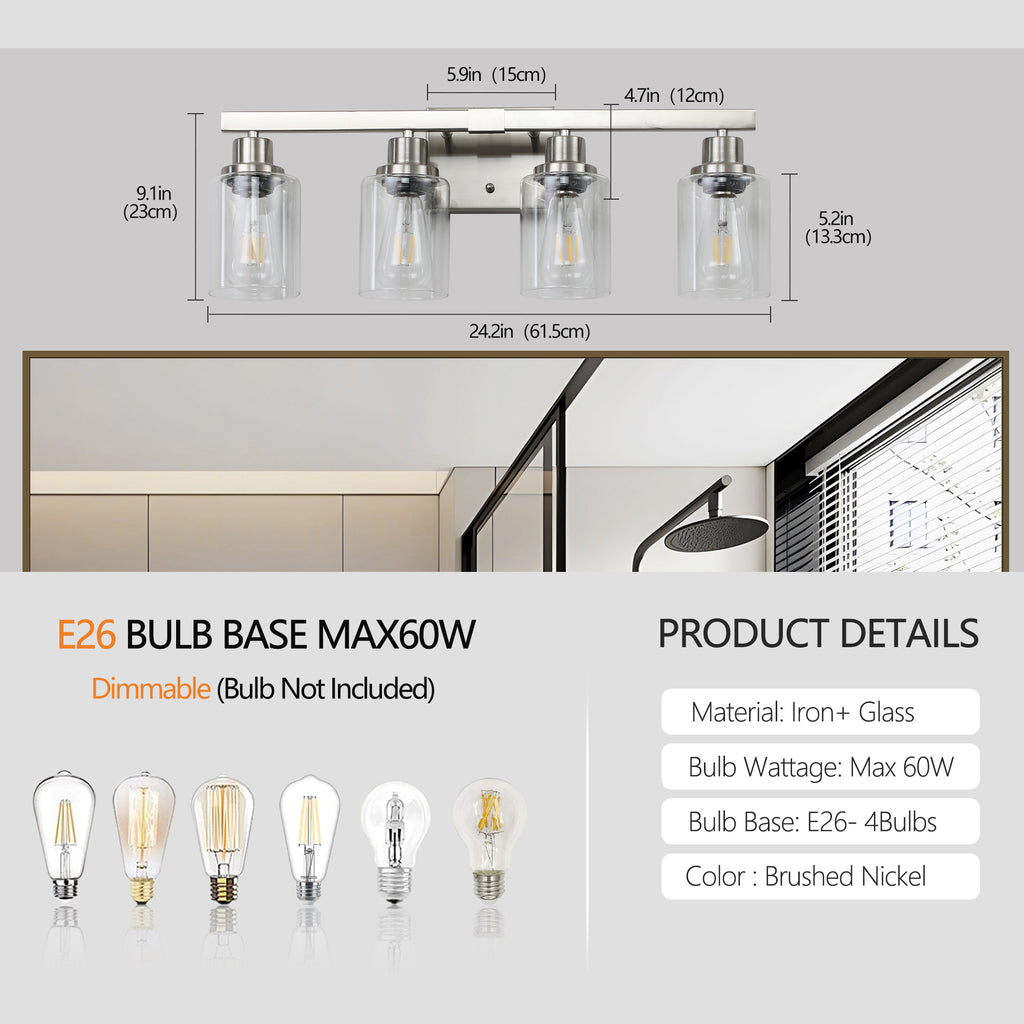 4-Light Vanity Makeup Mirror Lamp, Satin Nickel Iron Base & Lamp Cup Connector, Clear Glass Lampshade, Wall Mounted Makeup Light for Dressing Table, Bedroom & Bathroom Home Decor