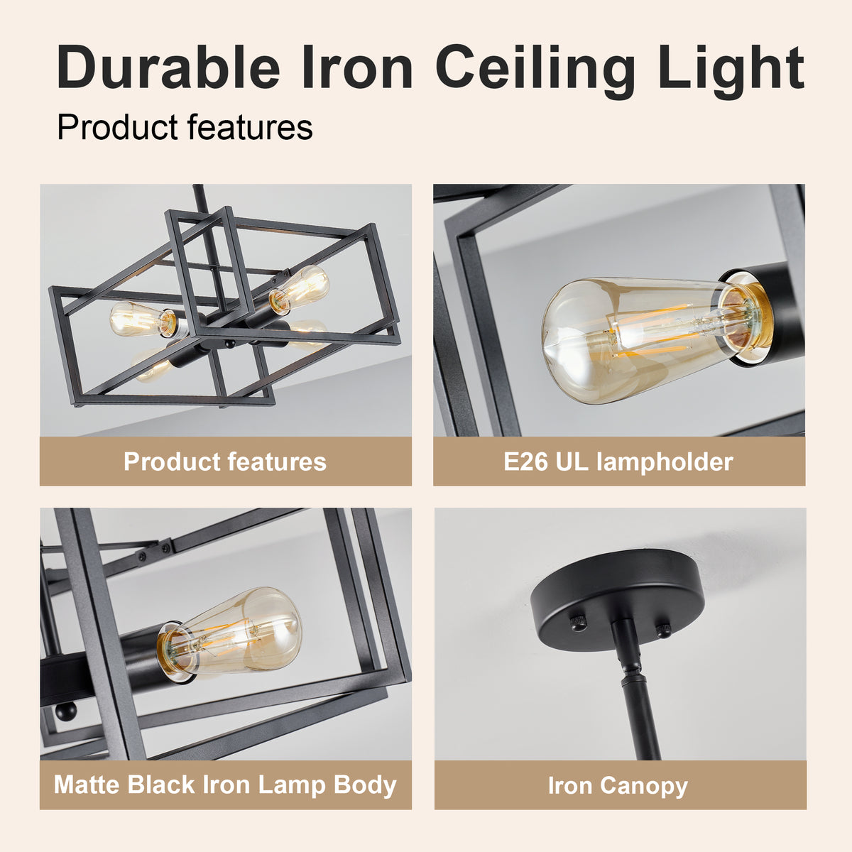 4-Light Semi Flush Mount Ceiling Light, Industrial Black Metal Square Cage Chandelier, Farmhouse Geometric Ceiling Lamp for Bedroom Living Room Hallway Entryway Home Decor
