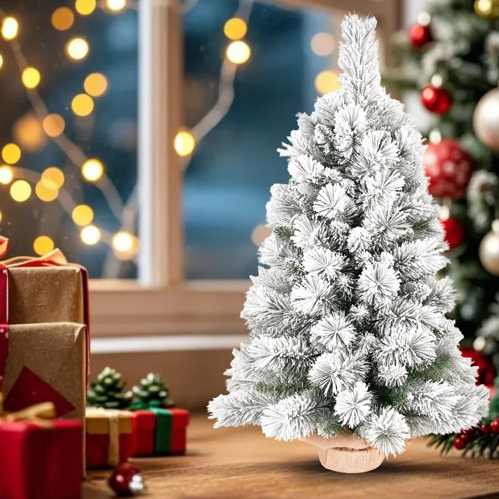 2.5ft Flocked Artificial Christmas Tree with Burlap Base, Snowy Tabletop Holiday Tree for Indoor Christmas Decor