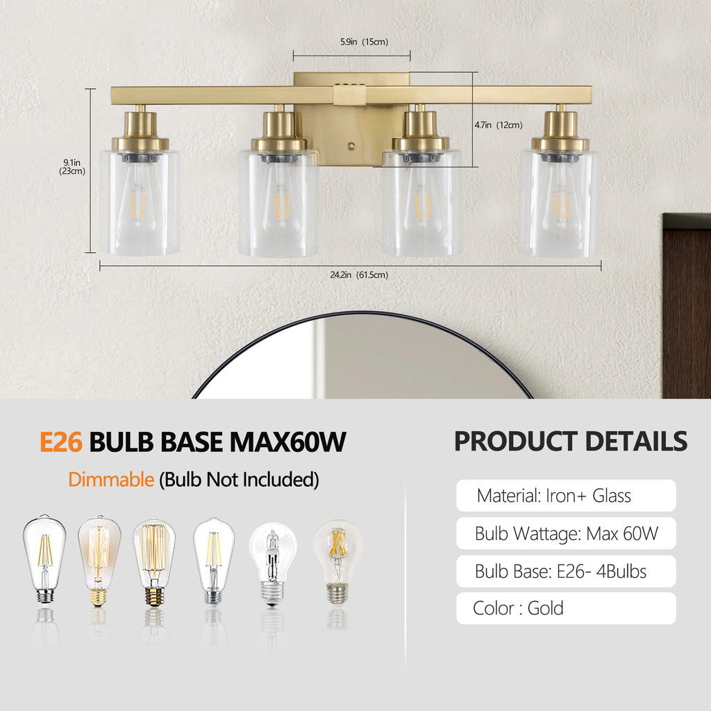 4-Light Vanity Makeup Mirror Lamp, Brass Finish Iron Base & Lamp Cup Connector, Clear Glass Lampshade, Wall Mounted Makeup Light for Dressing Table, Bedroom & Bathroom Home Decor