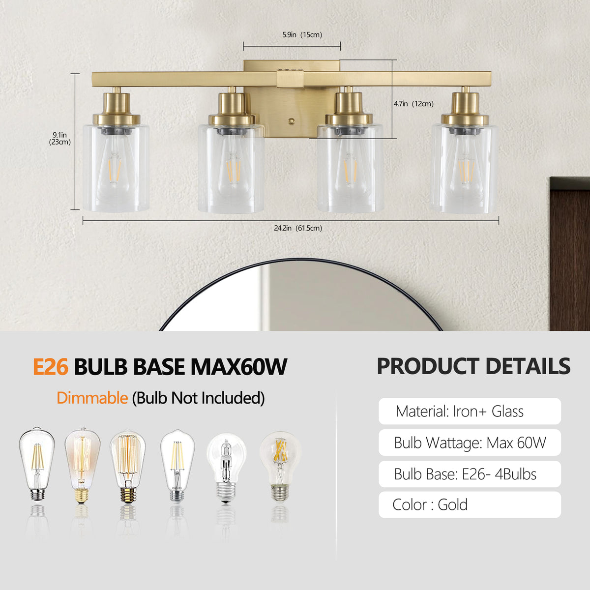4-Light Vanity Makeup Mirror Lamp, Brass Finish Iron Base & Lamp Cup Connector, Clear Glass Lampshade, Wall Mounted Makeup Light for Dressing Table, Bedroom & Bathroom Home Decor