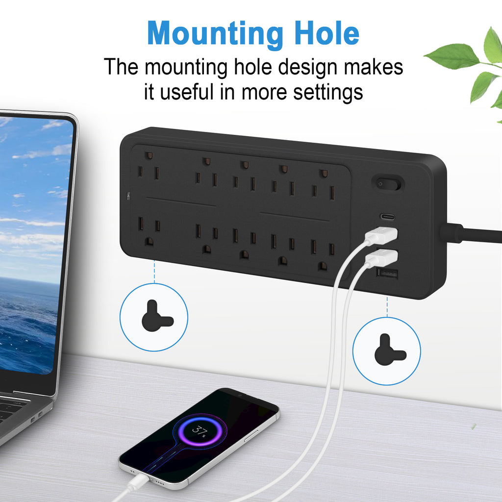 6 FT Surge Protector Power Strip, 10 Outlets 4 USB Ports(1 USB‑C), 14‑in‑1 Long Extension Cord, Flat Plug, 1700J, 1625W/13A, White