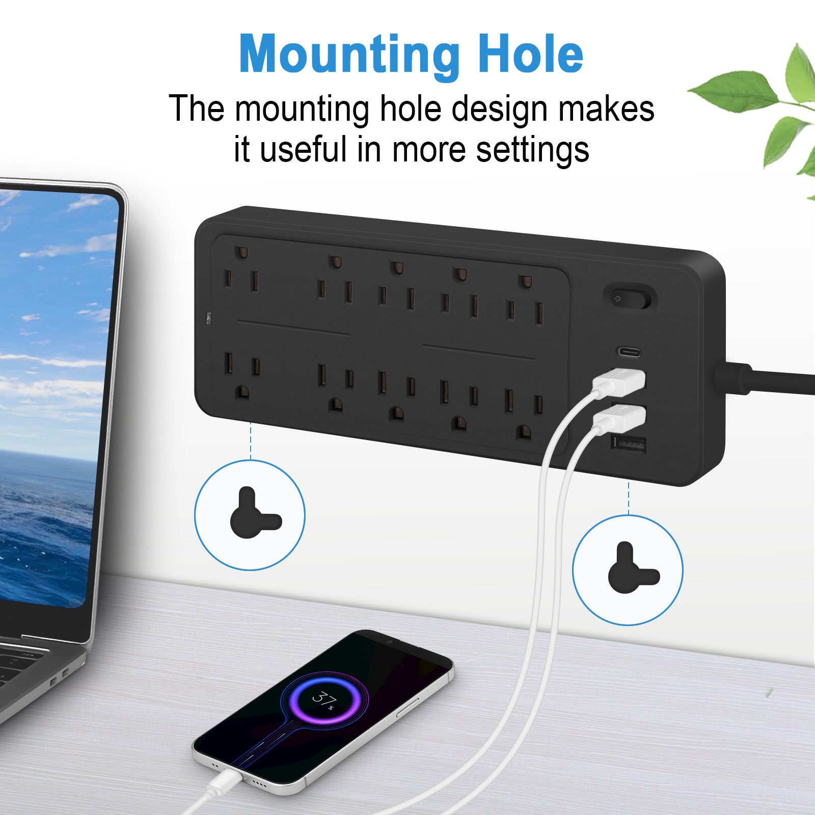 6 FT Surge Protector Power Strip, 10 Outlets 4 USB Ports(1 USB‑C), 14‑in‑1 Long Extension Cord, Flat Plug, 1700J, 1625W/13A, White