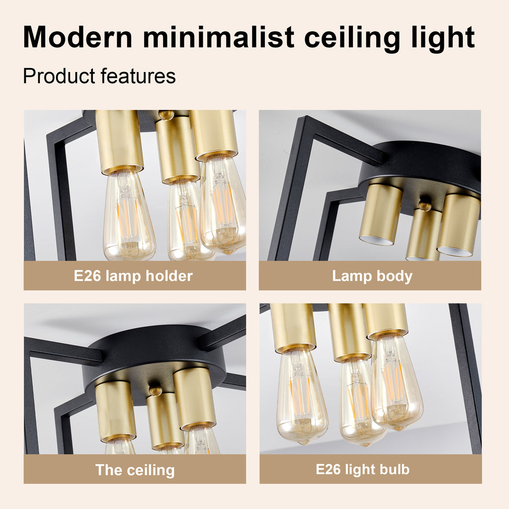 3-Light Semi Flush Mount Ceiling Light, Industrial Black Metal Geometric Square Frame with Gold Socket, Farmhouse Ceiling Lamp for Bedroom Living Room Hallway Entryway Home Decor